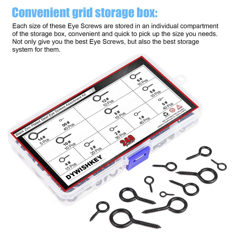 [Australia - AusPower] - 240PCS 12 Sizes Black Zinc Plated Steel Eye Bolts Screw Eyes Assortment Kit 