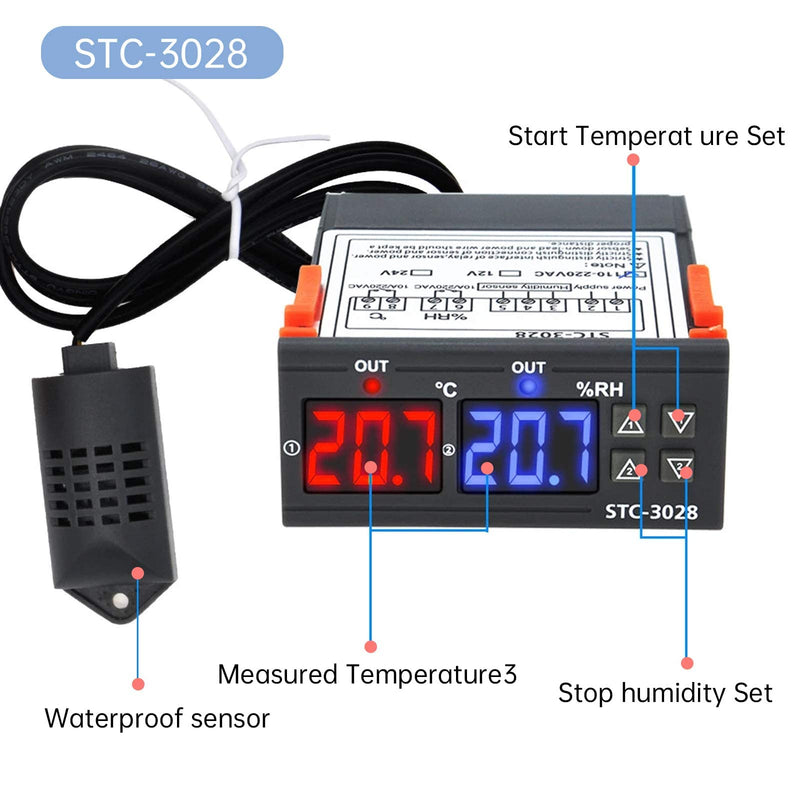 [Australia - AusPower] - RUIZHI STC-3028 Digital Temperature Humidity Controller Thermostat with Temperature Humidity Sensor Probe 10A Heating Cooling Humidifier Humidifier (110-220V) 