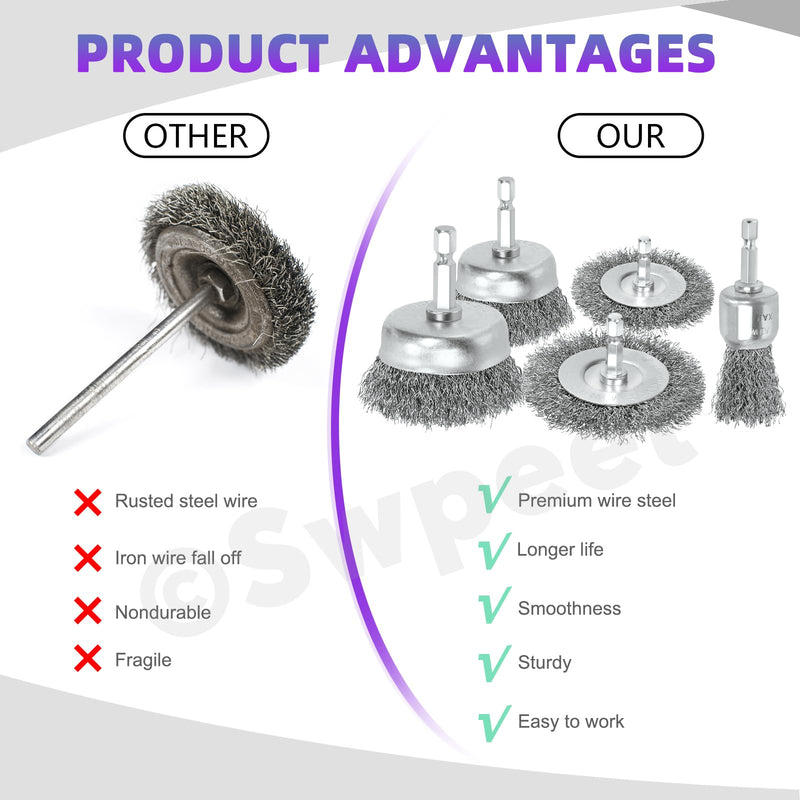 [Australia - AusPower] - Swpeet Wire 9 Pieces Wire Scratch Brush Kit, Including 5 Pieces Wire Wheel Cup Brush, 3 Pieces Brass/Stainless Steel/Carbon Steel Wire Brush and 1 Piece Copper Wire Brush for Rust, Colour Scouring N3 