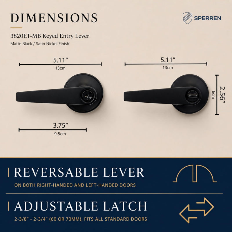 Premium Lever Keyed Entry Door Lock with 3 Keys, Universal Door Knob Hardware, Entrance or Bedroom Version, Matte Black, Zinc Alloy