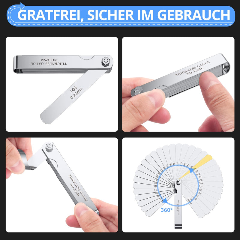 CAMWAY Stainless Feeler Gauge, 32 Blades Stainless Steel Blades High Precision Feeler Gauge Metric / Imperial Tool for Measuring Gap Width/Thickness/Metric Sizes, 0.04-0.88 mm 32 Klingen Fühlerlehren