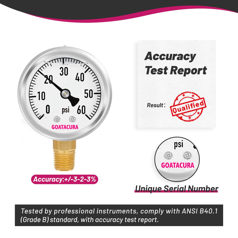 [Australia - AusPower] - 0-60psi Glycerin Filled Pressure Gauge, 2" Dial Size, 304 Stainless Steel Case, 1/4" NPT Lower Mount, with High Accuracy, for Measuring Water Air Hydraulic Pressure 0-60psi Lower Mount Single Scale 
