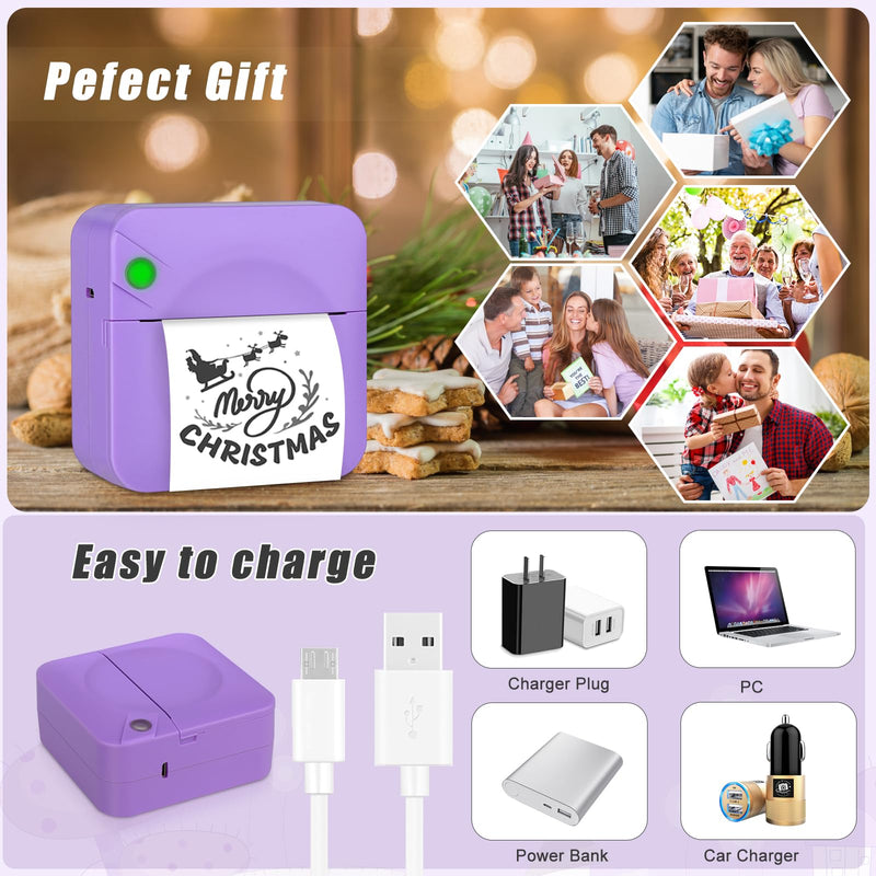 [Australia - AusPower] - Mini Sticker Printer,Mini Pocket Thermal Printer with 11 Rolls Paper,Bluetooth Inkless Printer Compatible with Android & iOS,Portable Receipt Printer for Photo,Journal,Memo,Travel,Purple Purple 