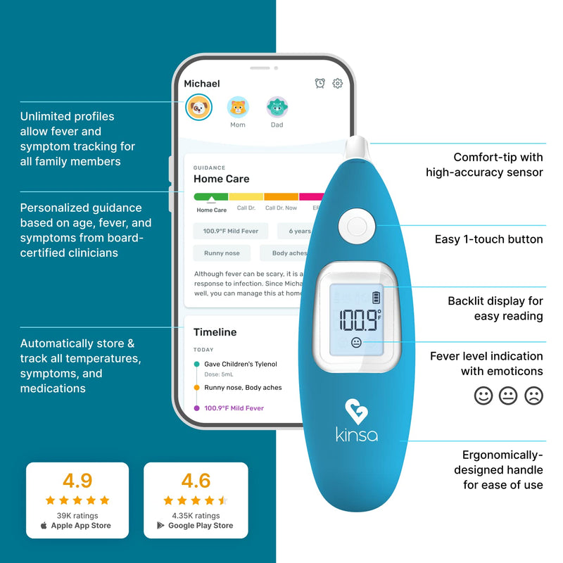 [Australia - AusPower] - Kinsa Smart Ear Thermometer for Fever - Medical Infrared Termometro - FDA Cleared for Body Temperature Readings for All Ages - Connects to a Smartphone App to Track Symptoms and Get Illness Guidance 