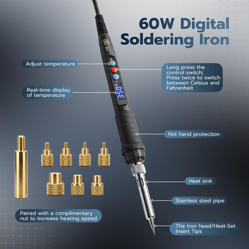 60W Digital Soldering Iron with 380-Brass Threaded Inserts & 7 Sizes M2-M8 | Heat Set Insert Tool kit Adjustable Temperature 180℃-500℃ for 3D Printing and Plastic Embedment Applications 381