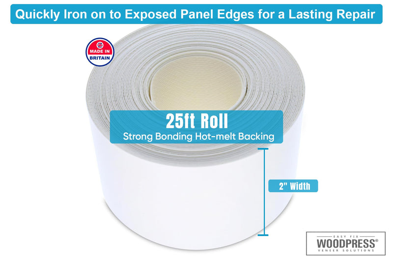 WoodPress® 2 inch Matt White Melamine Edge Banding, Pre-Glued Veneer Tape – 25 ft Roll - Iron-On for Easy DIY Application – Will Cover The Edge of a Standard 8' x 4' MDF Panel Width: 2"