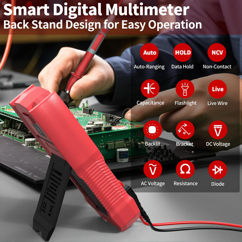 [Australia - AusPower] - Digital Multimeter Voltage Tester, 4000 Counts Smart Measurement Auto-Ranging Volt Meter, Non-Contact Tester Tools, Measures AC/DC Voltage, NCV, Capacitance, Resistance, Diode, Continuity & Live Wire Red 