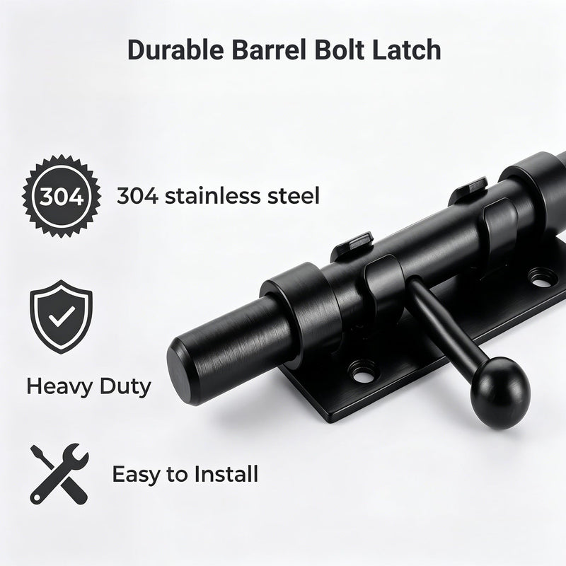 Barrel Bolt Latch,6.3 inch Slide Bolt Gate Latch,14mm Bolt Heavy Duty Shed Door Latch,304 Stainless Steel Black Finish Door Lock Latch for Barn, Wooden Fence, Slide,Door (2, Black-4.0inch) 2