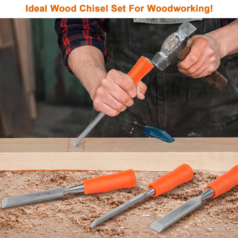 [Australia - AusPower] - 4 Piece Wood Chisel Sets Woodworking Tools Set, Wood Chisels for Woodworking with Steel Hammer End, Wood Tools Chisel Set Woodworking with Ergonomic Plastic Handle, 6mm, 12mm, 18mm, 24mm 