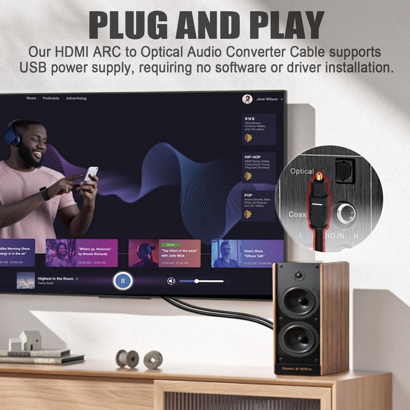192KHz HDMI ARC/eARC to Optical Audio Adapter, HDMI ARC Cable for Soundbar to TV, Plug & Play Optical Audio to ARC Converter, Optical Audio Splitter Extractor Support for PCM/Dolby 5.1/DTS 5.1[No CEC]