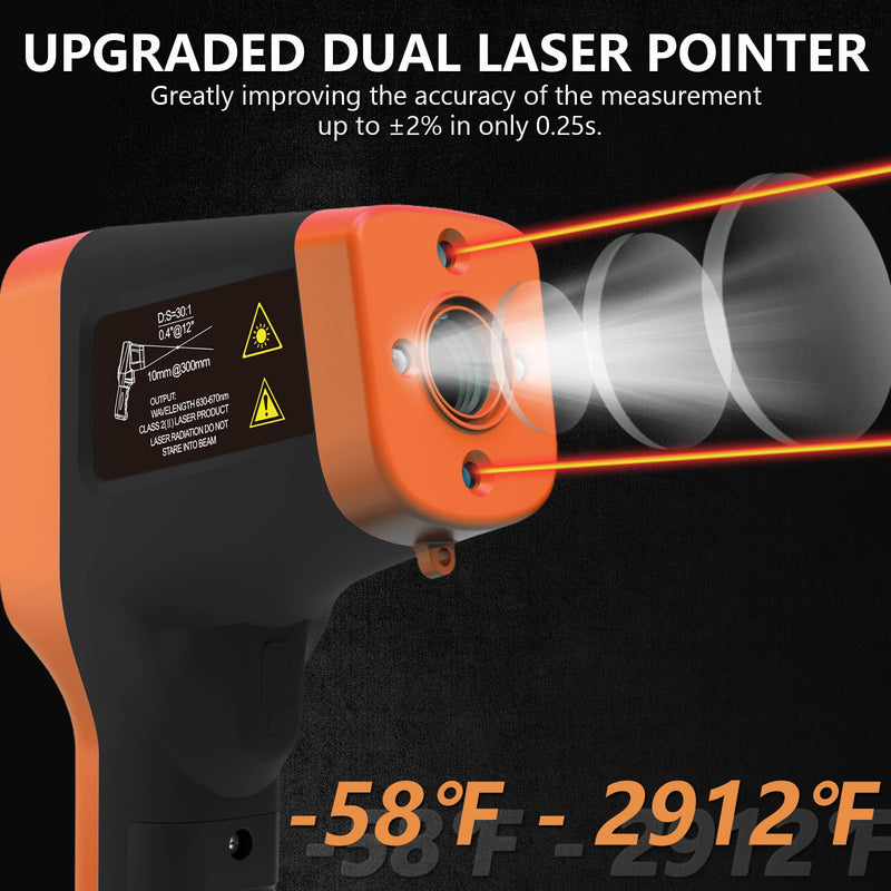 [Australia - AusPower] - Pyrometer, 30:1 Industrial Infrared Thermometer Gun Rechargeable, -58℉~2912℉ High Temp Waterproof Digital IR Laser Temperature Gauge (NOT for Human) Orange 