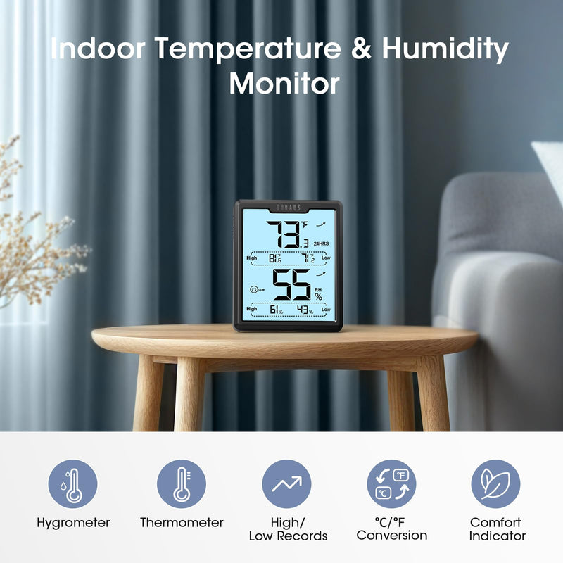 DOQAUS Digital Hygrometer Room Thermometer Indoor, Humidity Meter with Large LCD Display, Backlight Temperature Humidity Monitor with Max Min Records, Black Black with Backlit