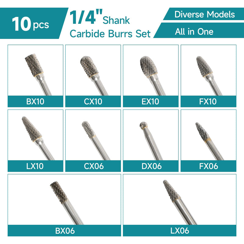 [Australia - AusPower] - 10PCS 1/4'' Shank Carbide Burrs Set Double Cut Solid Power Tools TC Rotary Files Bits for Die Grinder Metal Wood Concrete Plastic Grinding Carving Engraving Drilling Polishing Cutting 
