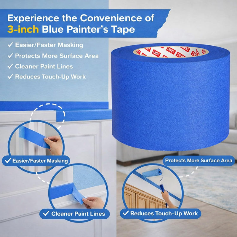 SWRT Painters Tape 3 inch Wide x 55 Yards, 1 Roll, Extra Wide Blue Painters Tape for Painting Walls & Large Surface Masking, Clean Removal, No Residue, Easy Tear, Multi-Surface