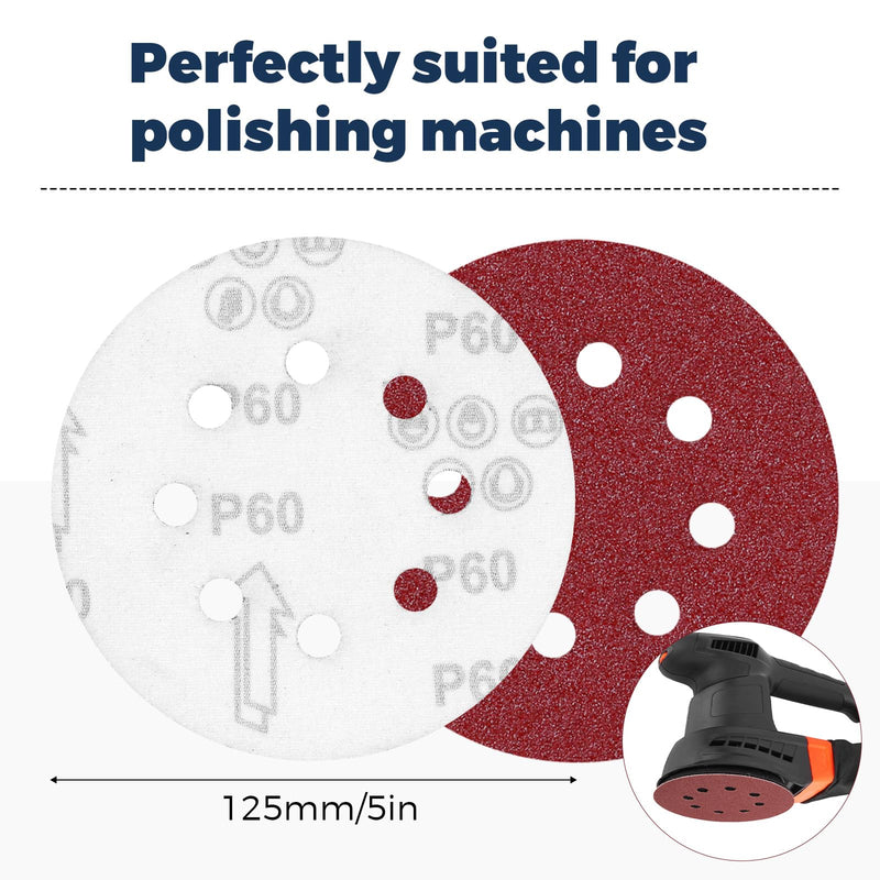 Pack of 100 Sandpaper 125 mm, Sanding Discs 8 Holes, P40/P60/P80/P120/P180/P240/P320/P400 Eccentric Round Sandpaper Pack of 100 mixed grit