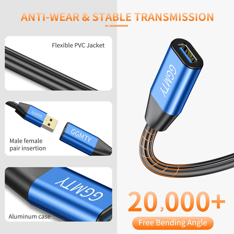 USB 2.0 Type A Male to A Female Active Repeater Extension Cable 50ft, High Speed 480 Mbps 50 ft Blue