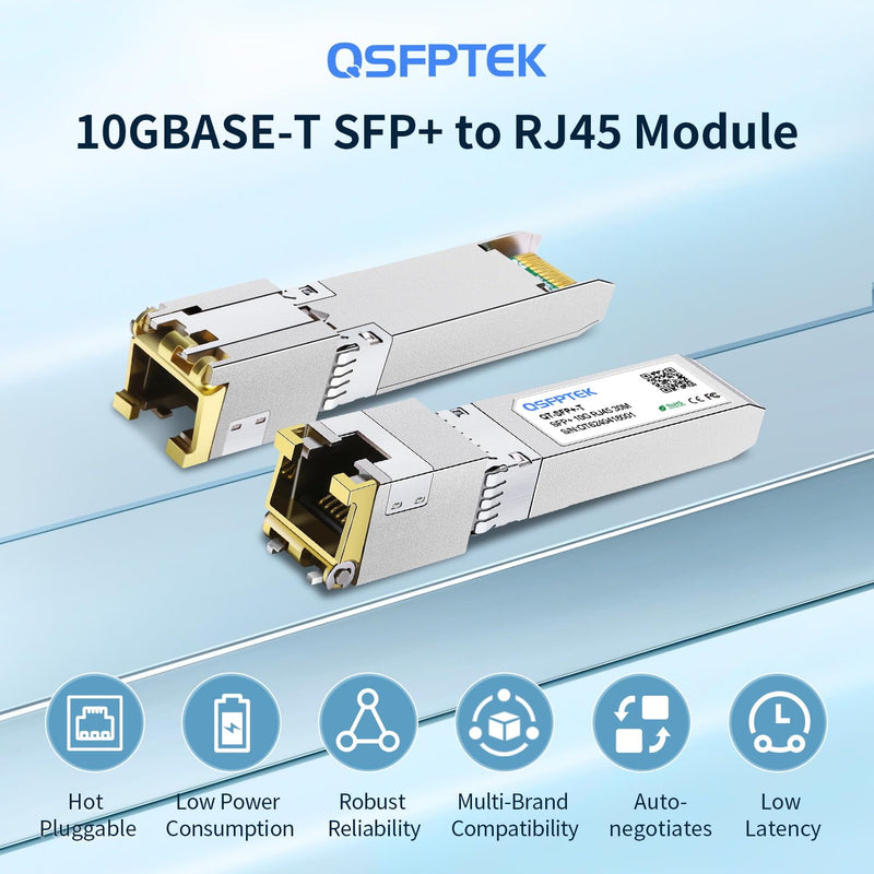 QSFPTEK (Pack of 2) 10GBASE-T SFP+ RJ45 Module up to 30 m, 10G SFP+ RJ45 Copper Transceiver GBIC for Cisco SFP-10G-TS, Ubiquiti UF-RJ45-10G, Mikrotik, D-Link
