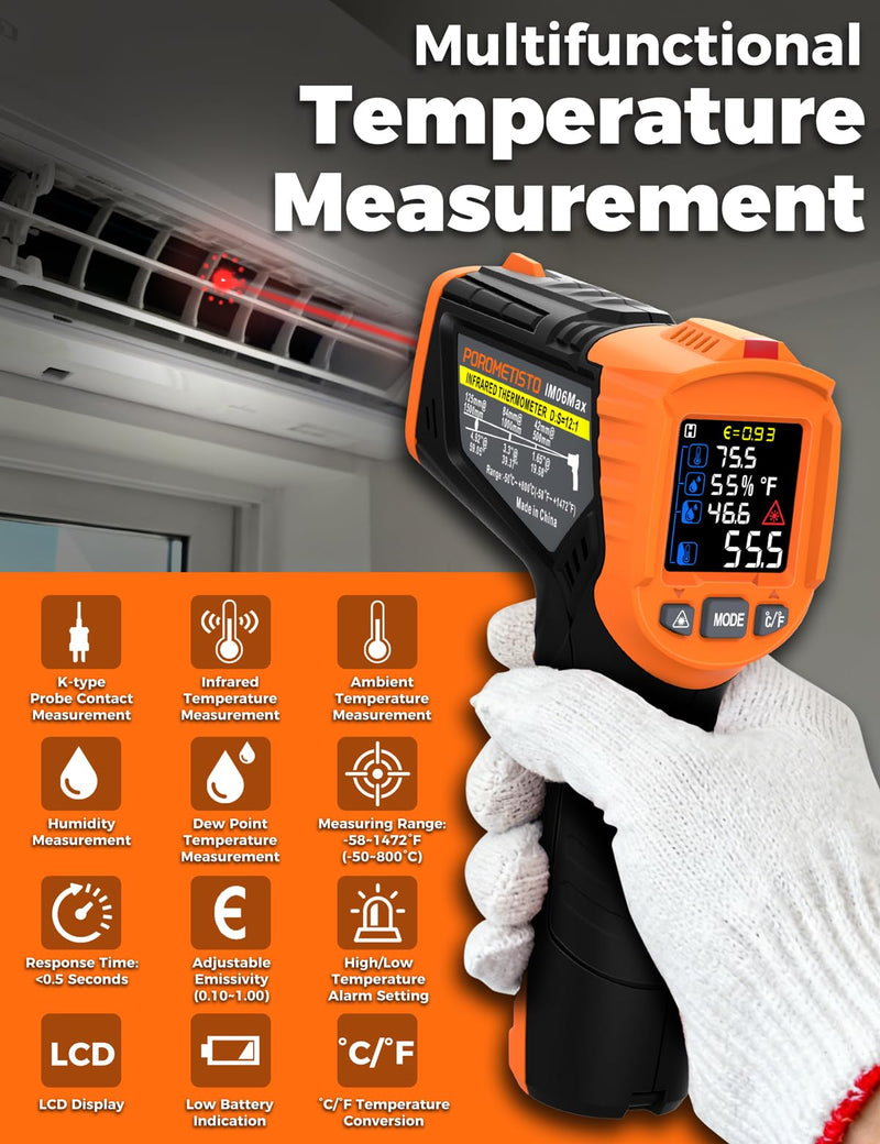 4 in 1 Temperature Gun POROMETISTO 4 Types of Alarm Setting,-58-1472°F Measure Infrared/Ambient Temperature Humidity Infrared Thermometers,Industrial Laser Thermometer Gun with K-Type Probe