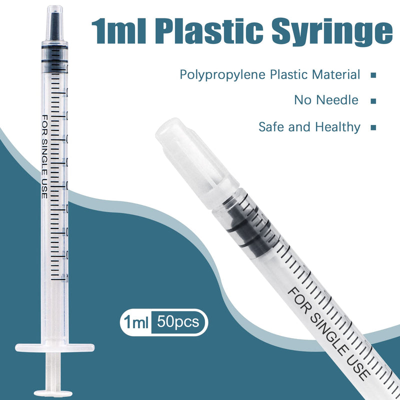 [Australia - AusPower] - 50 Pieces 1ml Plastic Syringes with Caps without Needle Colostrum Syringe for Refilling and Measuring Liquids, Scientific Labs, Plant Watering, Pet Feeding Pack of 50 