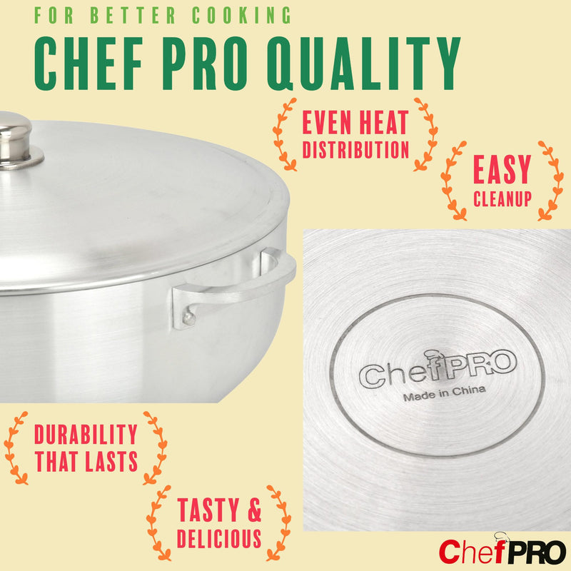 ALUMINUM CALDERO STOCK POT by Chef Pro, Durable Aluminum, Superior Cooking Performance for Even Heat Distribution, Perfect For Serving Large/Small Groups, Riveted Handles, Commercial Grade, 3.8 Quart