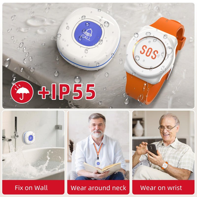 CallToU Wi-Fi Wireless Caregiver Pager Call Button for Elderly at Home , APP Emergency Alert for Seniors, Patients, and the Disabled with 1 Call Button, 1 Watch Button, 1 Receiver (2.4GHz Wi-Fi) white 2+1