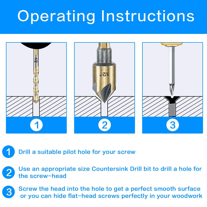 [Australia - AusPower] - Countersink Drill Bit Set, 5pc, 1/4" Hex Shank, 82 Degree Countersink Holes for Screws to Sit Flush or Under The Surface of Metal Wood Plastic, Sizes 1/4, 3/8, 1/2, 5/8, 3/4 Inches with Storage Case 5 Piece Hex Shank Countersink Bit 