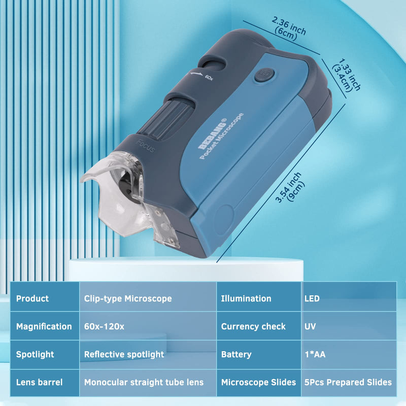 [Australia - AusPower] - Pocket Microscope, 60x-120x Handheld Mini Microscope Kids with LED Lights, 5 Slides Specimens, BEBANG Portable Microscope for Kids Student Adults Microbiological Observation Lab Study, Educational Kit Blue-120X 