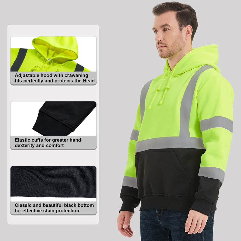 ProtectX Hi Vis Hoodie for Men Women High Visibility Safety Sweatshirt Reflective with Pockets for Construction Work Class 3 Large Neon Green - Pullover