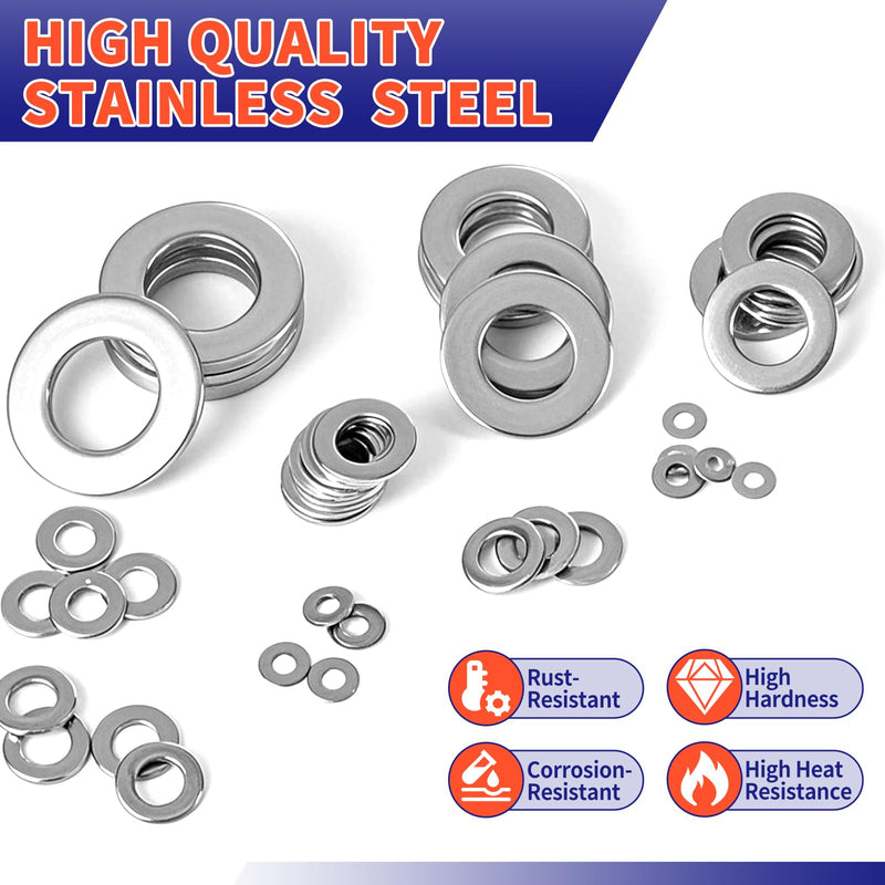 [Australia - AusPower] - 1100 Pcs Flat Washers Assortment Kit – 304 Stainless Steel, 9 Metric Sizes (M2–M12), Metal Washers for Screws and Bolts – Ideal for Automotive, Construction, Industrial, and DIY Use Flat Washers-1100Pcs 