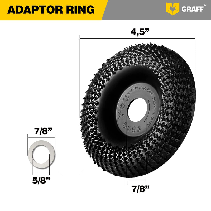 [Australia - AusPower] - GRAFF Premium Wood Carving Disc 4 1/2 Inch for Angle Grinder - Shaping and Grinding Wheel for Wood, Drywall, Chipboard, Plastic - Woodworking Angle Grinder Attachment with 7/8" - 5/8" Arbor Ø 4 ½ Inch Curved Carving Blade 