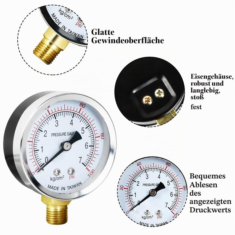 Vacuum gauge BSP 1/4 inch, 60 mm well pump pressure gauge, 0-7 bar, 0 ~ 100 psi with 2 pieces socket 1/4 inch to 3/8 inch, 1/4 inch to 1/2 inch, a Teflon tape, for water, oil, air, air and others