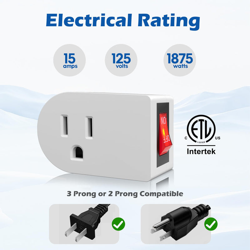 HiFind Grounded Outlet Extender with ON/Off Switch (10 Pack), 3 Prong Single Port Power Adapter, Energy & Space Saving Wall Tap Plug with Red Indicator for Light & Small Appliance, ETL, White 10 Pack