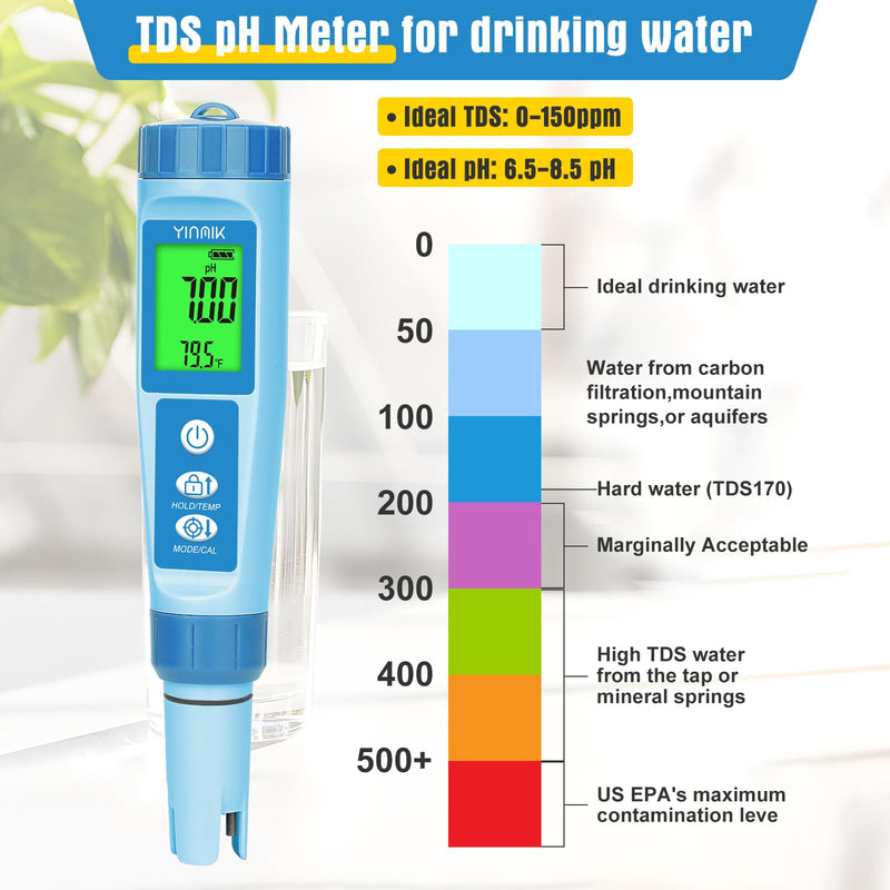 [Australia - AusPower] - YINMIK Water pH Meter, Digital 4 in 1 pH Temp EC TDS Meter for Hydroponics, PH Conductivity PPM Tester with EC Calibration Liquid, Suit for Growing Nutrients,Reservoir Tank,DWC,Brewing,Pool, Aquarium 4 in 1 pH EC Meter with calibration liquid 