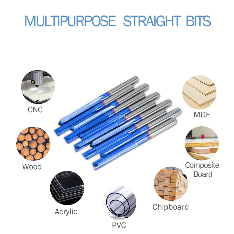 HQMaster CNC Router Bits 1/8 Router Bit Straight Router Bit 1 8 Shank Straight Flute End Mill Cutter 2-Flute Milling Cutting Tungsten Steel 22mm CEL/45mm OAL for MDF PVC Acrylic Chipboard Wood 10 Pack 3.175 x 22 x 45 mm