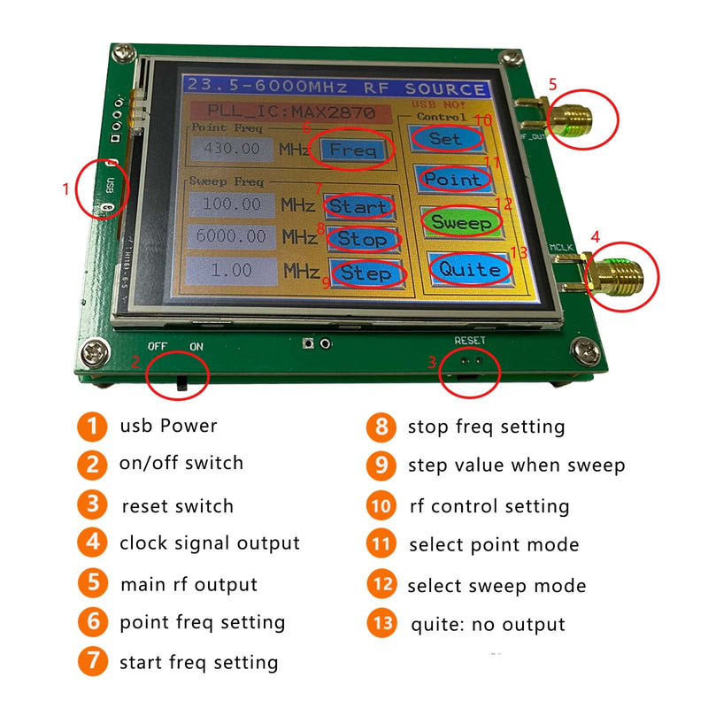 [Australia - AusPower] - Upgraded MAX2870 Rf Signal Generator Source 23~6000Mhz High Precision Frequency 2.8 inch Touching Screen Single Point Sweep Mode Data Cable SMA Female Counter-Control RF Grn6 