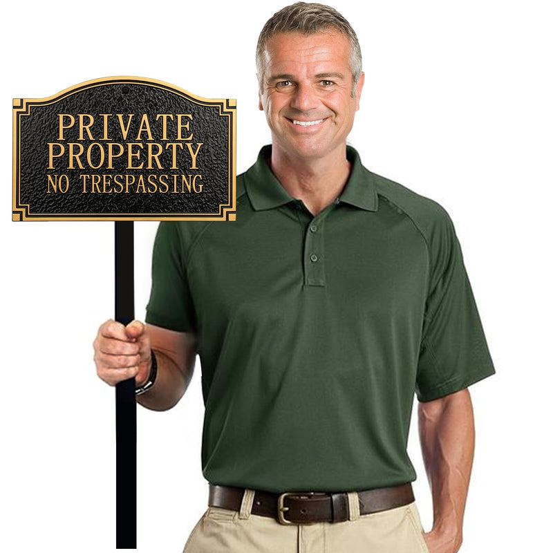 Private Property No Trespassing Sign - Solid Metal Cast, Embossed Statement Plaque,11.5"×7.5" with 31.5" Stakes, Classic Design for House, Home, Garden and Yards, Upgraded Stainless Screws