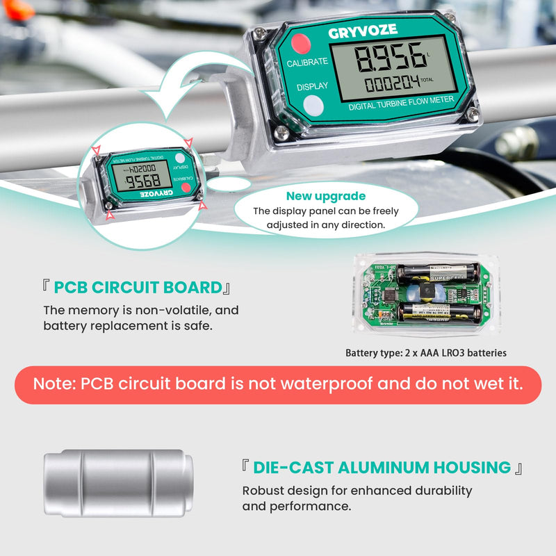 [Australia - AusPower] - 3/4 Inch Digital Turbine Fuel Flow Meter, 0.8-13.2 GPM Inline NPT Thread Flowmeter for Water, Diesel, Gas Oil, Gasoline, Kerosene, Methanol, and Other Liquids-Supports Gallon, QTS, PTS, L, m³ Basic 