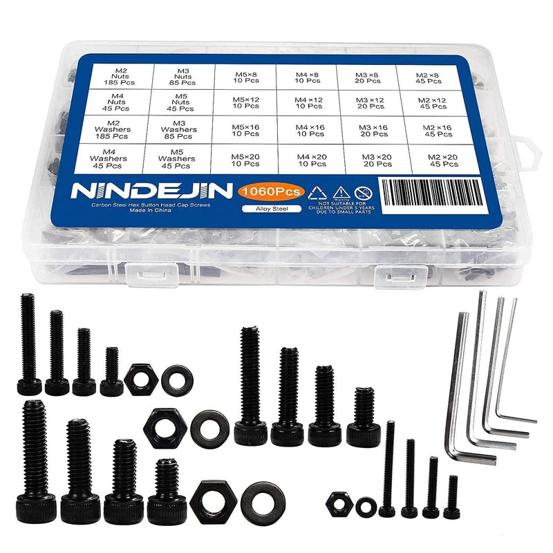 [Australia - AusPower] - NINDEJIN M2 M3 M4 M5 Hex Socket Head Cap Screws Assortment Kit, Machine Screw Bolts, Nuts, Washers & Wrench (880pcs Stainless Steel+1060pcs Carbon Steel) 