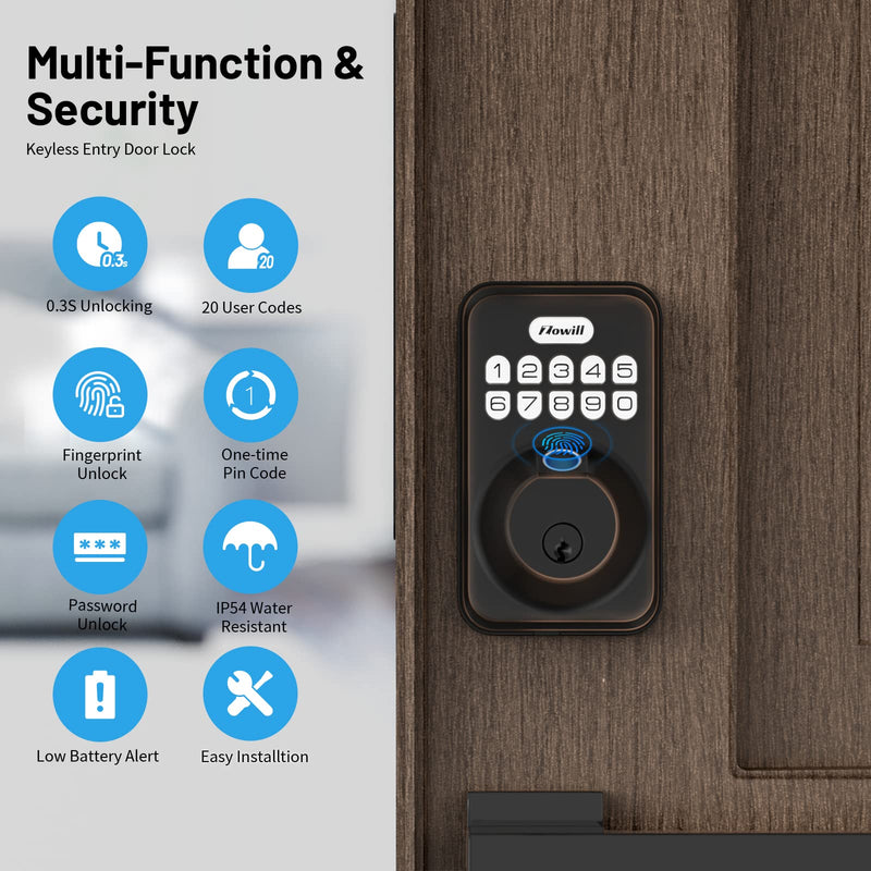 Fingerprint Door Lock, Zowill Keyless Entry Door Lock Keypad Deadbolt with 20 Biometric Fingerprints, 20 User Codes, Auto Lock, Anti-Peeping Password, IP54 Waterproof, Easy Installation Smart Lock Oil Bronze