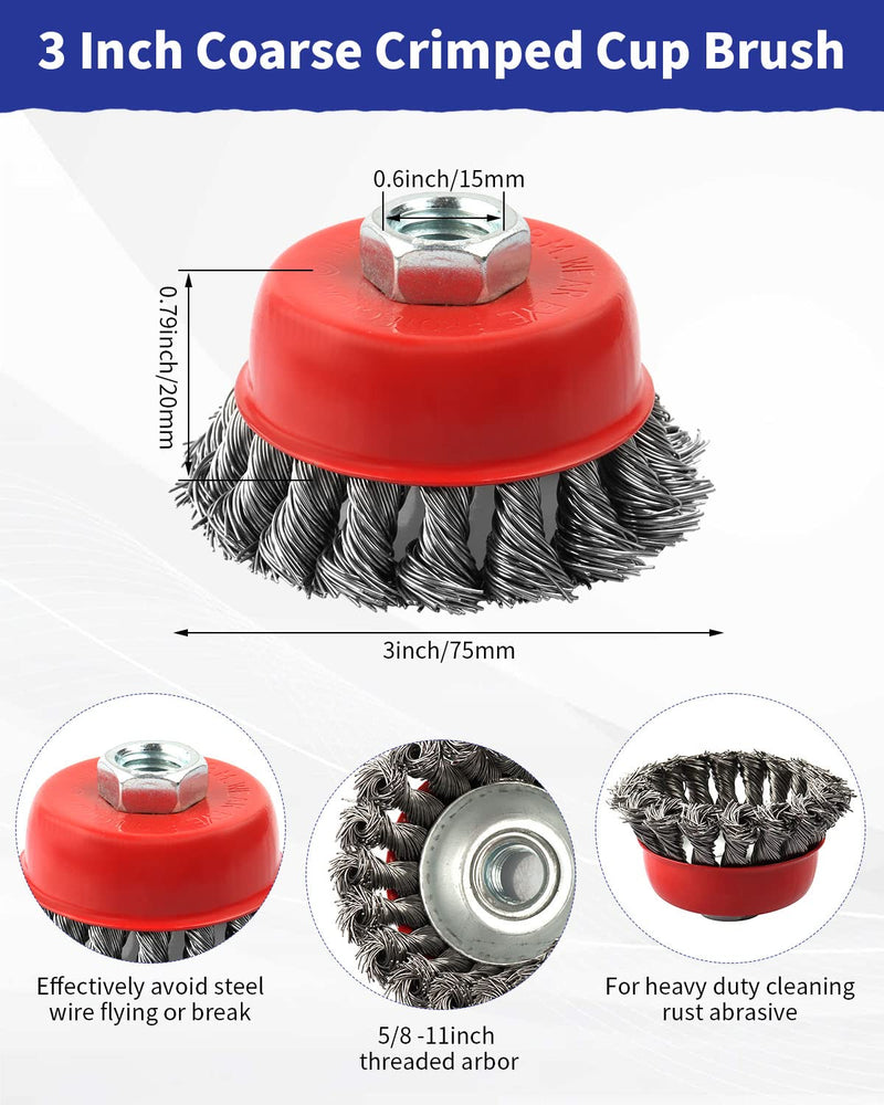 [Australia - AusPower] - Rocaris 3 Pack Wire Wheel Cup Brush for Angle Grinders,3 & 4 Inch Twisted Knotted & Coarse Crimped Cup Brush,5/8-11 Inch Threaded Arbor for Rust, Corrosion 