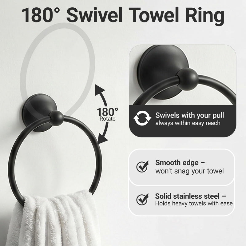 24-Inch Wall Mounted Towel Racks for Bathroom – Space Saver 4-Piece Durable Stainless Steel Bathroom Hardware Set with Towel Bar, Towel Ring, Toilet Paper Holder & Hook, Matte Black Cone