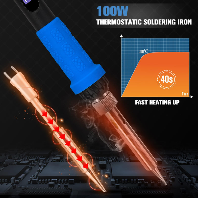Soldering Iron Kit with LCD Display, 100W LED Display Adjustable Temperature, Soldering Iron with Automatic Sleep Mode, Soldering Gun with 5 Soldering Tips, Solder Tin, Stand, Welding Tool Blue