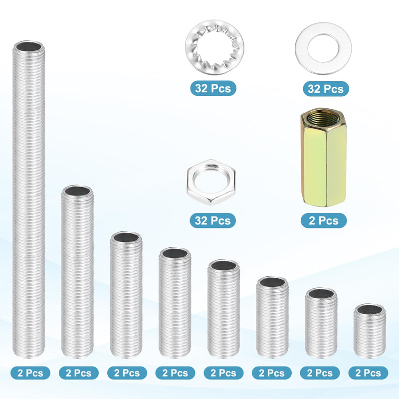[Australia - AusPower] - MECCANIXITY 114 Pcs 8 Size Lamp Pipe Nipples Kit with Hex Nuts Washers, M10 Fine Threaded Hollow Tube Repair Hardware Fasteners Assortment for Assembly Chandelier Ceiling Lamp DIY, Silver 