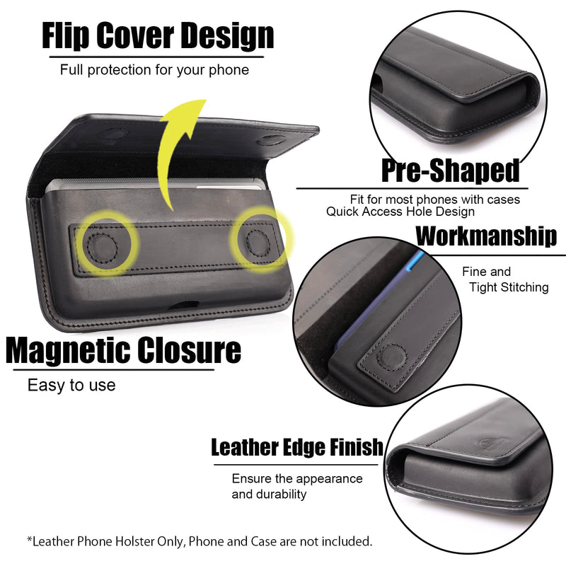 [Australia - AusPower] - Topstache X-Large Leather Phone Holster,Flip Cell Phone Case with Belt Clip for S23 Ultra S23 Plus,Leather Case for iPhone 14 Pro Max,Universal Smartphone Leather Sheath for Phone with Protective Case Black 