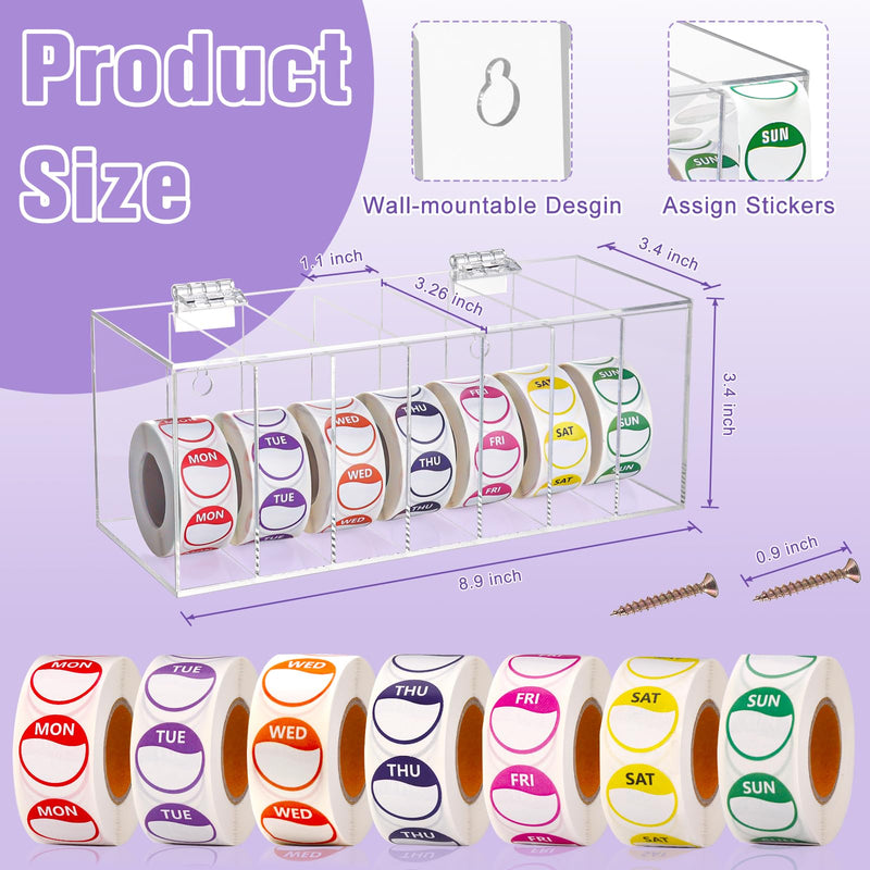 3500 PCS 7 Days of The Week Stickers 0.79 Inch Sticker Roll Dispenser Holder Acrylic Day Dot Dispenser Food Date Labels Stickers Monday to Sunday for Kitchen Restaurant Expiration Date 0.79 Inch Label Round Label