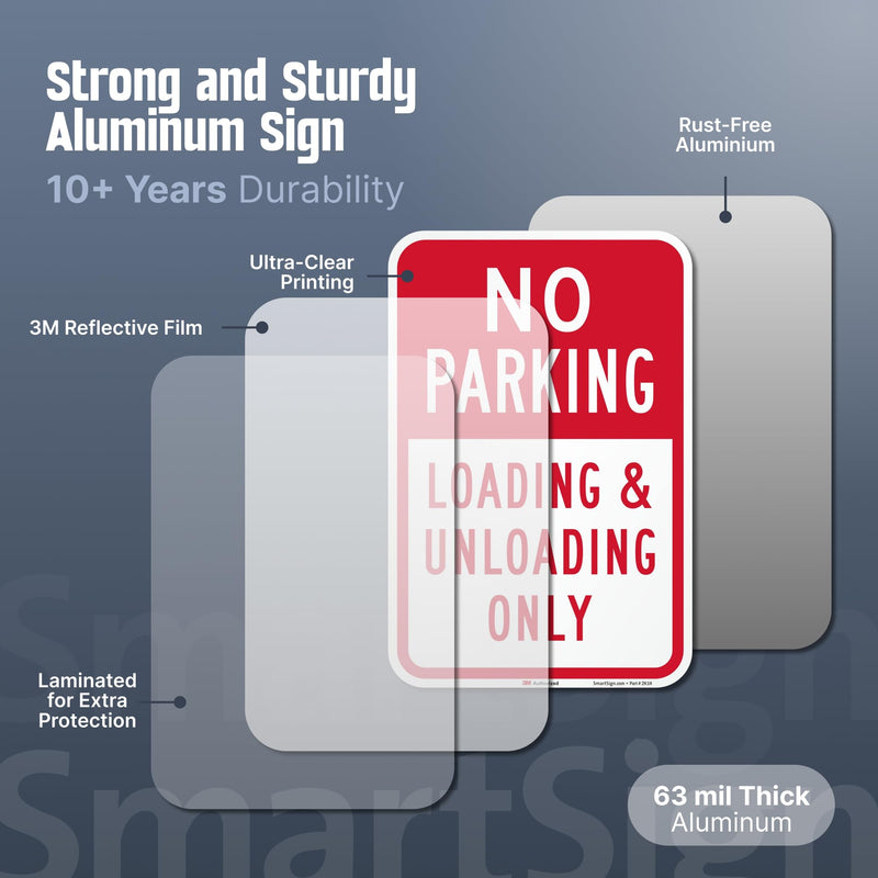 SmartSign 18 x 12 inch “No Parking - Loading And Unloading Only” Metal Sign, 63 mil Aluminum, 3M Laminated Engineer Grade Reflective Material, Red and White, Made in USA 12" x 18" - EG Reflective Aluminum