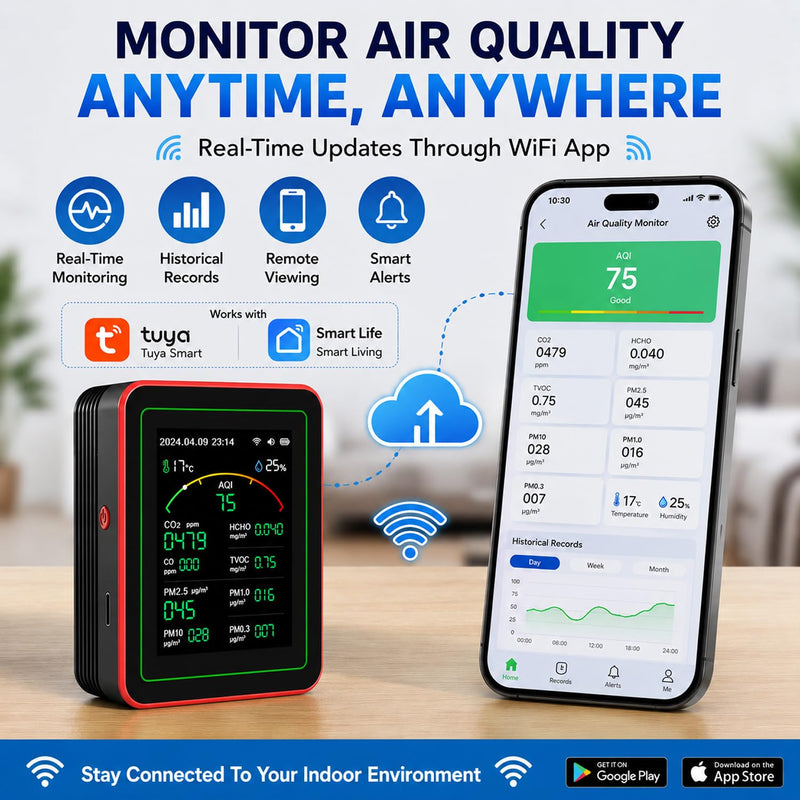 15-in-1 WiFi Indoor Air Quality Monitor with App, CO₂, TVOC, HCHO, PM2.5 and PM10 Monitor, Temperature and Humidity Display, Colour Display, Air Quality Alarm for Home and Office WiFi 15in1