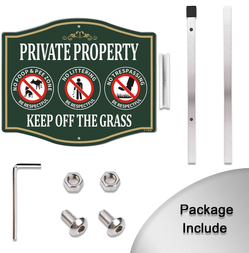 Private Property Keep Off Grass No Poop Pee Zone No Littering No Trespassing Sign 12" x 10" With 28" Long Metal Stakes Curb Your Dog Aluminum Outdoor Use Yard Lawn Home