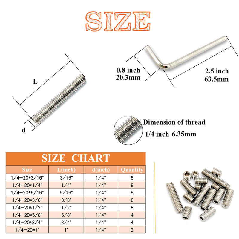 [Australia - AusPower] - 50pcs 1/4-20 8 Sizes Hex Socket Set Screws Assortment Kit, 304 Stainless Steel Cup Point Grub Screw for Bathroom Fixtures Door Handles Stripper Pole Rack Screws Precision Instrument ets 1/4-8Size-50P-304Silver 