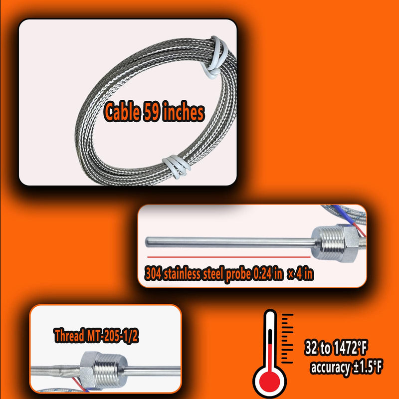 [Australia - AusPower] - K-Type thermocouple Probe NPT 1/2 inch 0.24 inch × 4 inches 304 Stainless Steel Pipe Thread MT-205-1/2 Cable 59 inches 